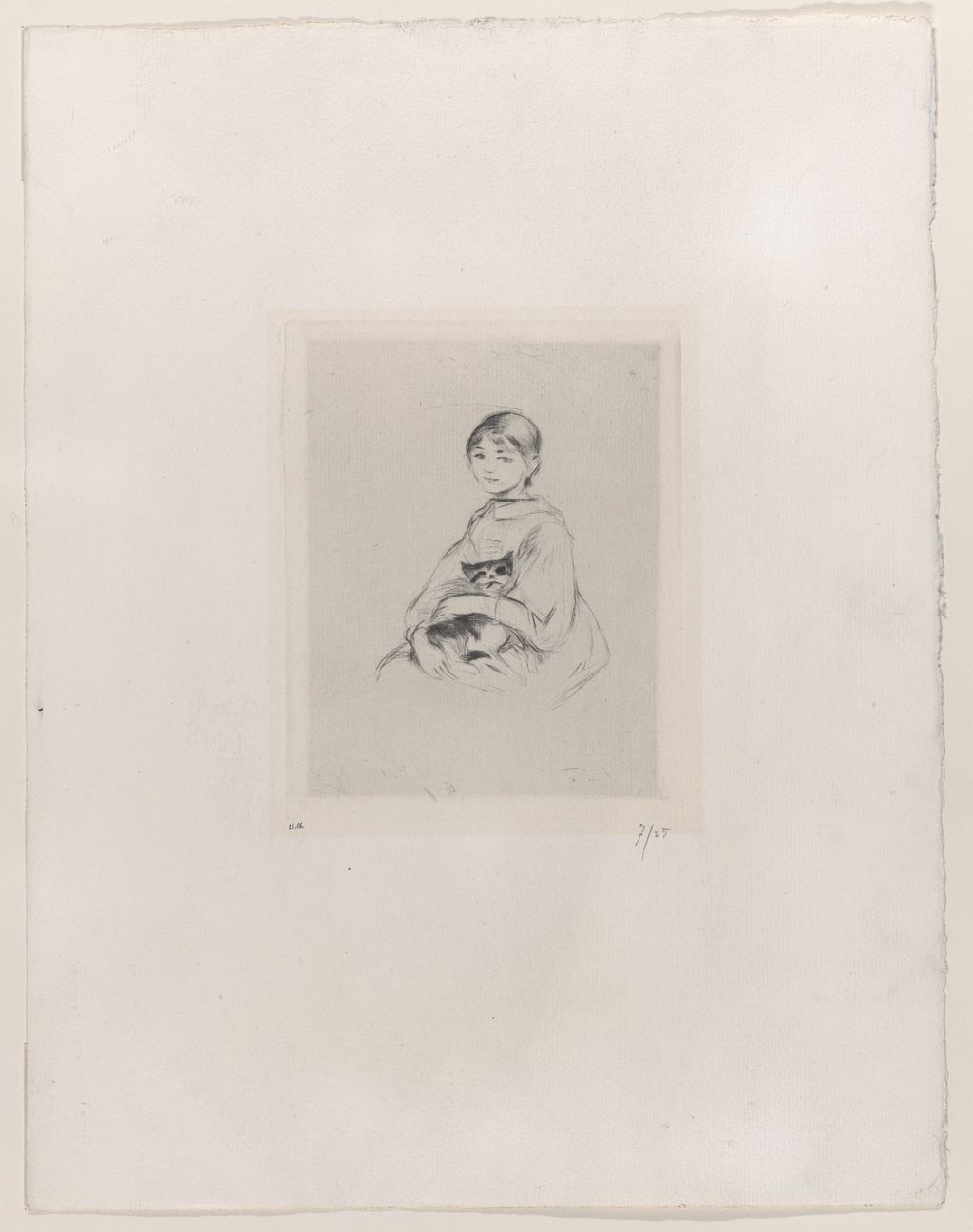 Berthe Morisot's small drypoint of Julie with a cat after Renoir, centred on a large pale paper sheet